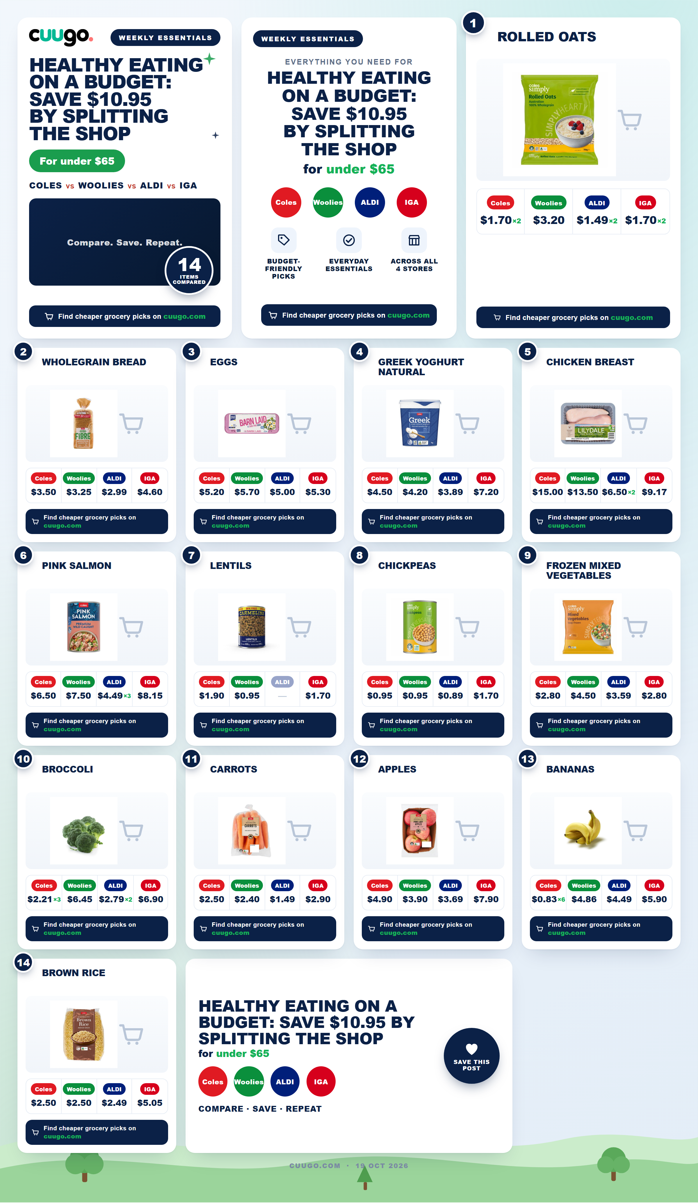 Healthy budget grocery basket with oats, eggs, tinned salmon, lentils and frozen vegetables for cheap healthy groceries Australia