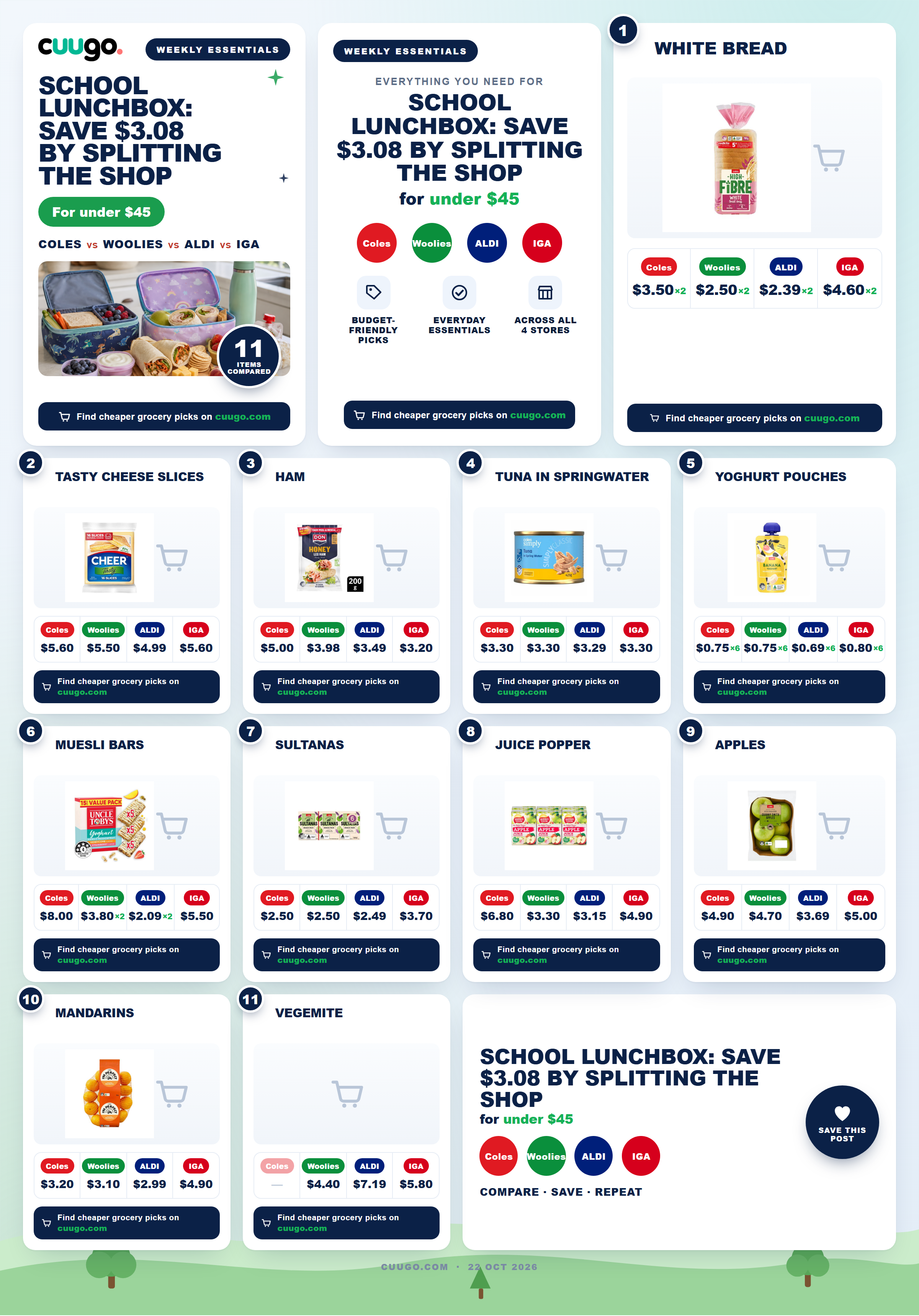 School lunchbox filled with bread, fruit, and snacks beside grocery bags from Australian supermarkets including Aldi
