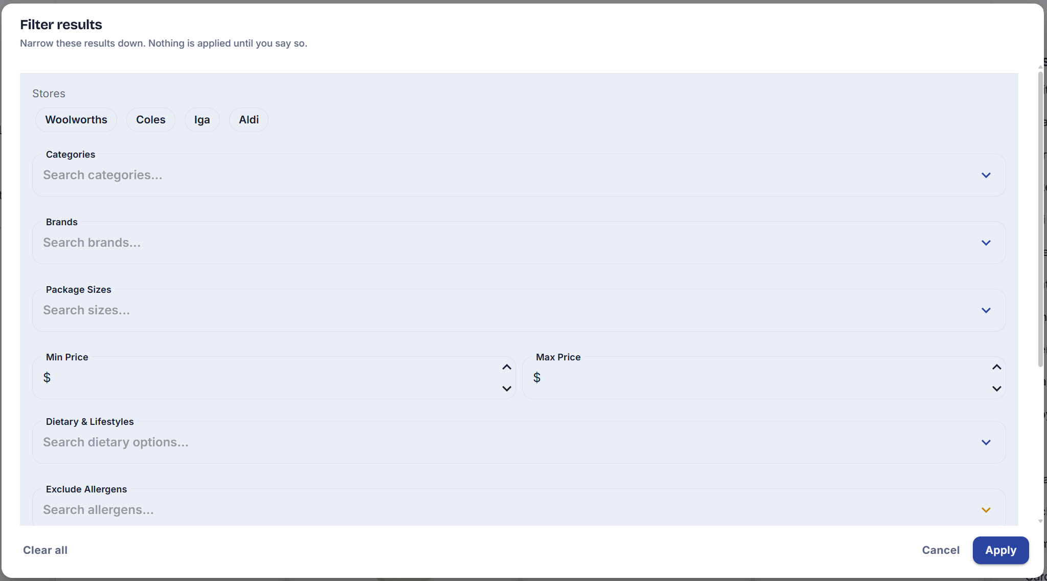 The filter panel showing store, category, brand, size, price, dietary and allergen filters