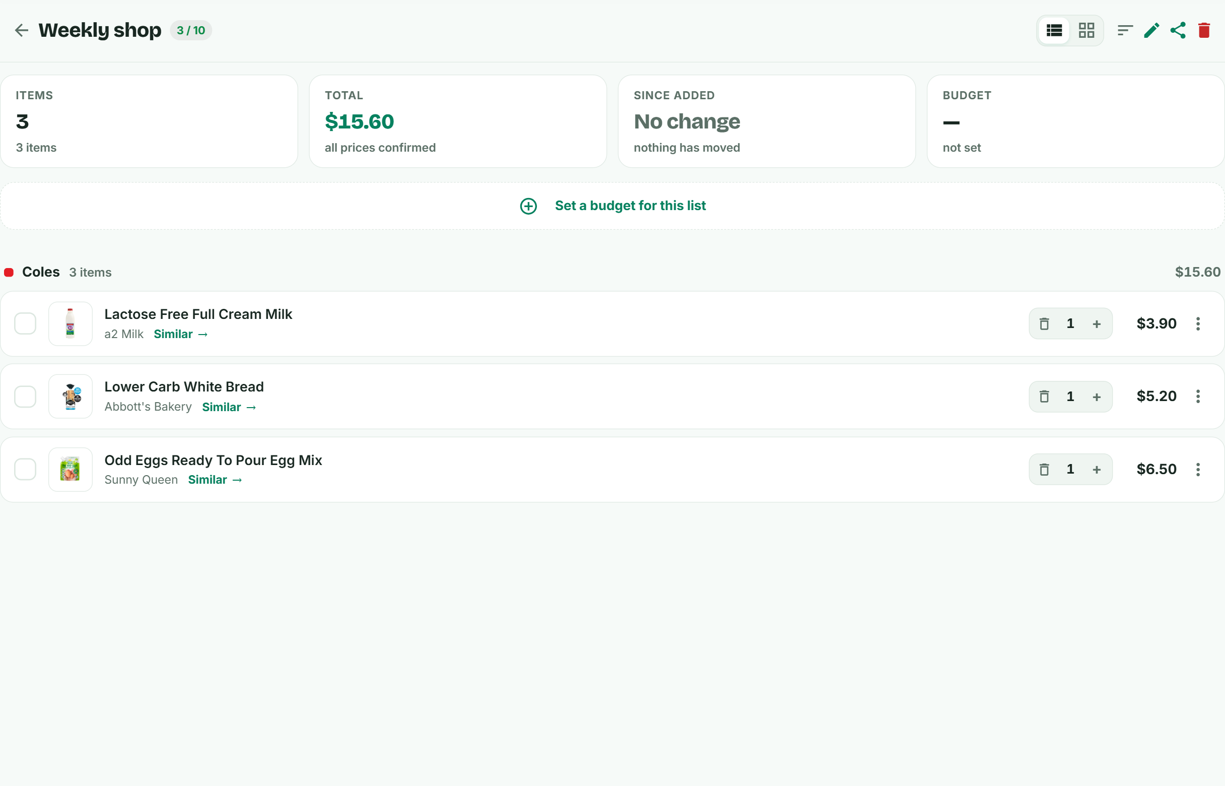 A Cuugo shopping list showing three items grouped by store with a running total