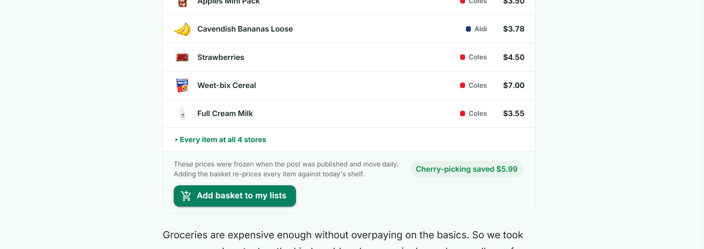 The Add basket to my lists button beneath a basket comparison